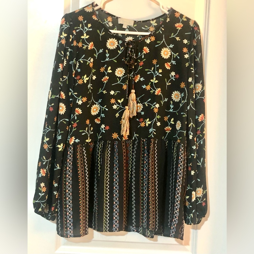 Chenault Black Floral Peasant Blouse with Tassel Detail~ M ~